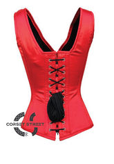 Red Satin Shoulder Straps Seal Lock Opening Gothic Burlesque Bustier Waist Training Overbust Corset Costume